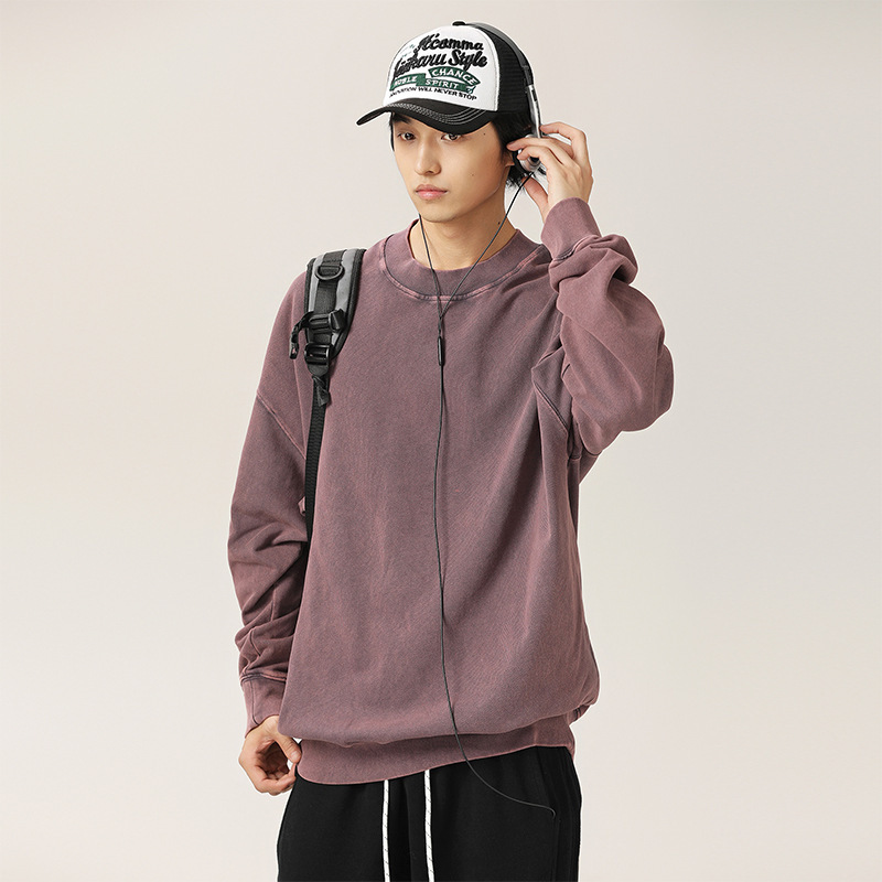 American retro fried dyed 460g heavy oversize solid color hatless round neck sweater men's and women's spring and autumn long sleeve jacket