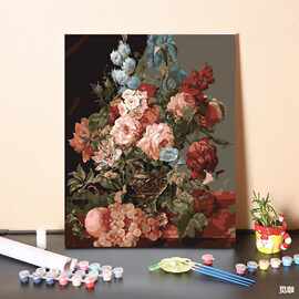 diy手工填充欧式复古画花卉手绘涂色数字油画客厅装饰丙烯油彩画