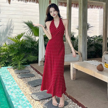 法式复古甜心红色波点挂脖连衣裙女夏海边露背绑带无袖背心长裙子
