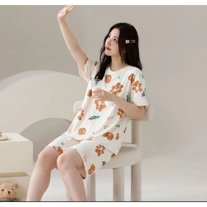 Venta al por mayor transfronteriza verano nuevo pijama traje de algodón de imitación para mujer pantalones cortos de manga corta dibujos animados dulces se pueden usar trajes de servicio a domicilio