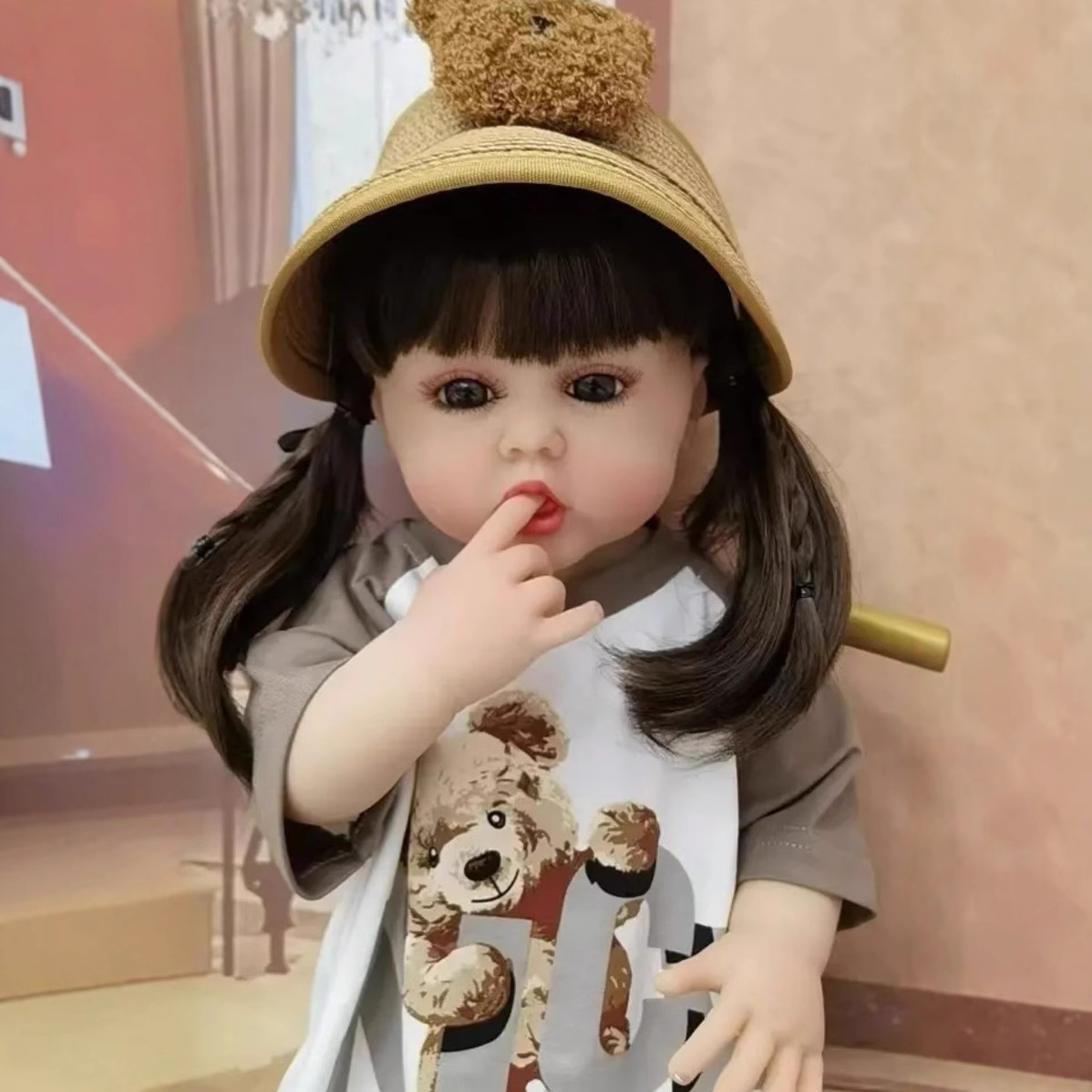 Npk55cm completo pegamento simulación reborn muñeca comiendo dedo bebé TikTok suministro en vivo entrega de una sola pieza