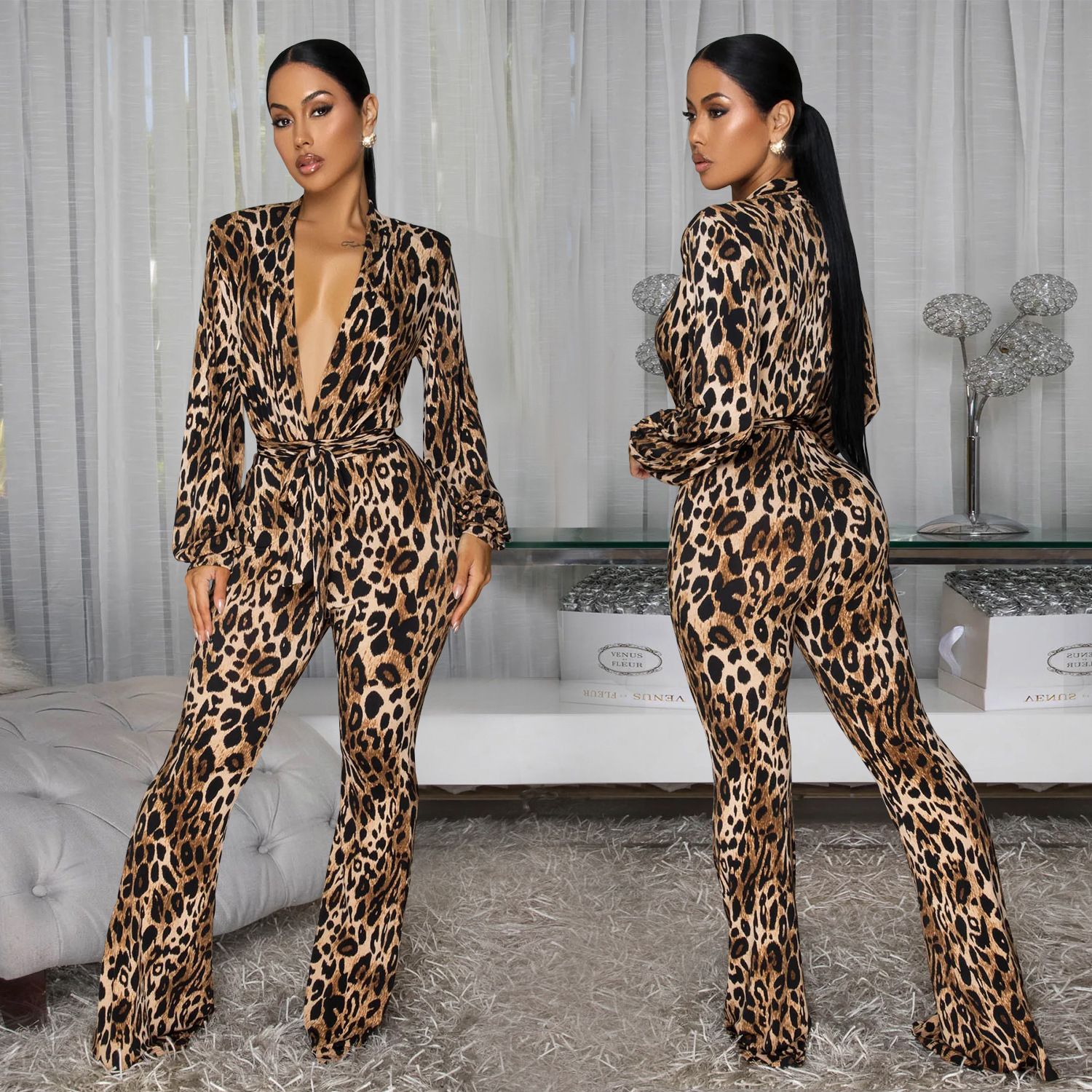C7586 Cross-Border Aliexpress Amazon European and American Fashion Women's Sexy Deep V Leopard Print Comfortable Jumpsuit
