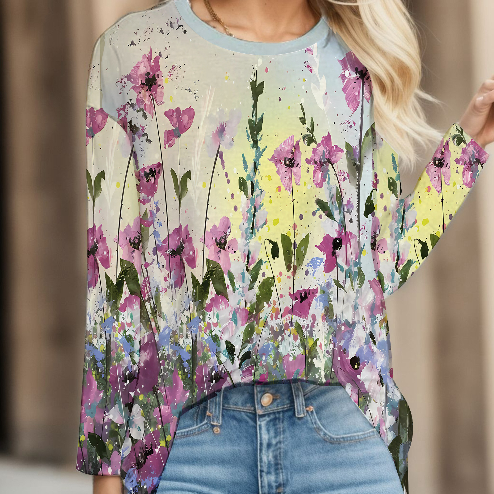 Transfronterizo otoño e invierno nuevas señoras casual cuello redondo Pascua impresión digital casual suelto cuello redondo suéter de manga larga para mujer