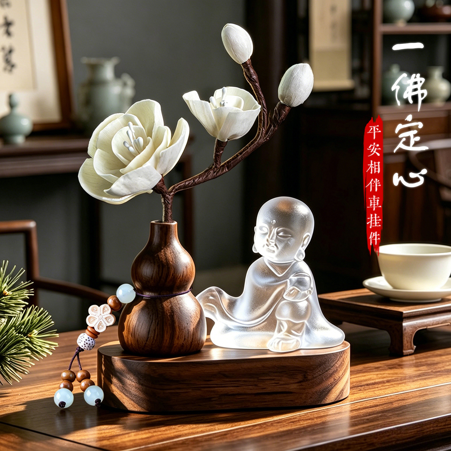 一鹿平安汽车摆件车内饰品车载香薰花中控台葫芦香水座莲花佛观音