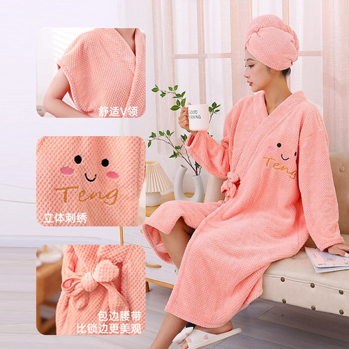 Longli Pineapple Gauze Long-Sleeve Bath Robe Set, Adjustable Strap Wearable Towel, Cute Water Absorbent Thick Bath Cap