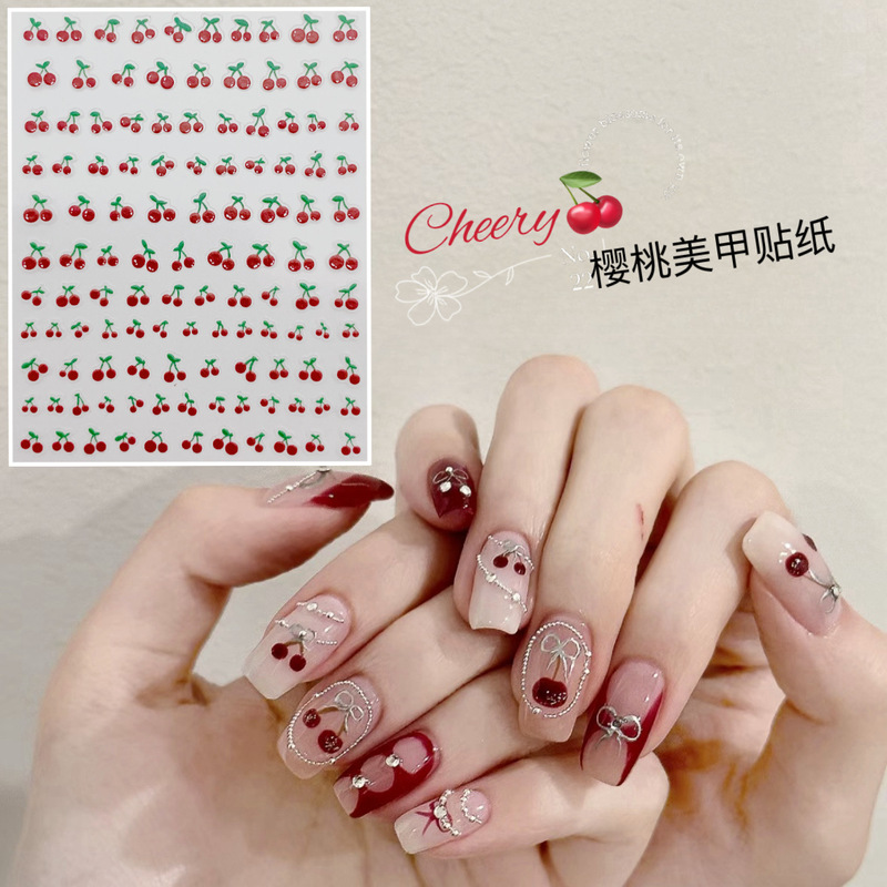 Little Red Book hot cherry Haili Jenny nail bow New Year cherry fruit Net red nail decals waterproof