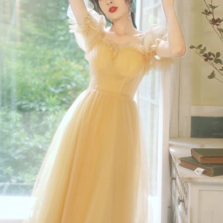 Short Evening Dress for Petite Women, Yellow Birthday Dress, Elegant Hostess Gown, Suitable for Adult Art Exams, Bridesmaid Dress, Can Be Worn Casually Short Evening Dress for Petite Women, Yellow Birthday Dress, Elegant Hostess Gown, Suitable for Adult Art Exams, Bridesmaid Dress, Can Be Worn Casually