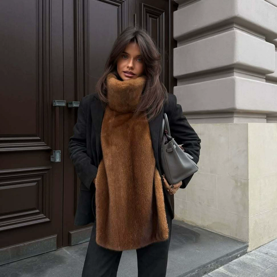 Реальные фото - однотонный меховой жилет с высоким воротником, 2025, европейско-американский стиль, экологичный мех, комфортный, привлекательный, теплый, новый дизайн
