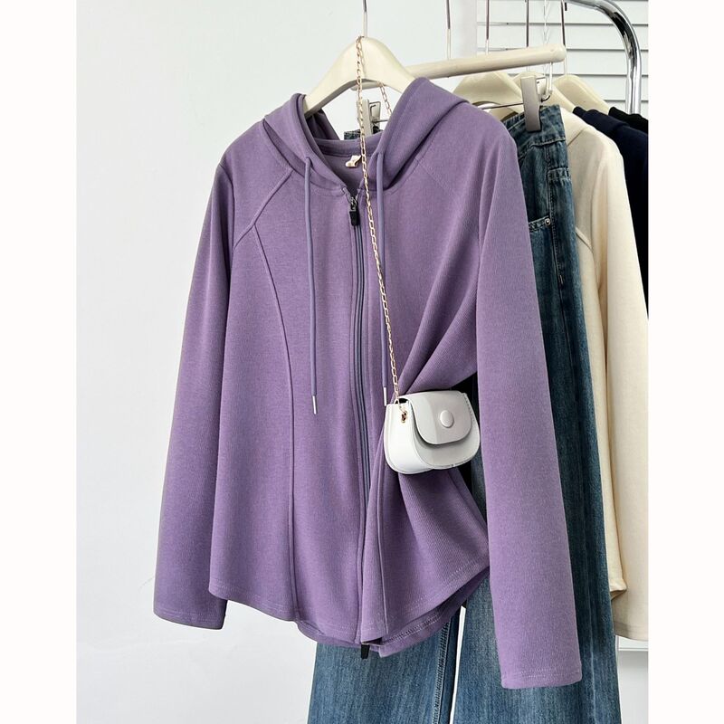 Spring New Plus-Size Simple Slim-Fit Hooded Jacket 100kg Casual Hoodie Top for Women 9565