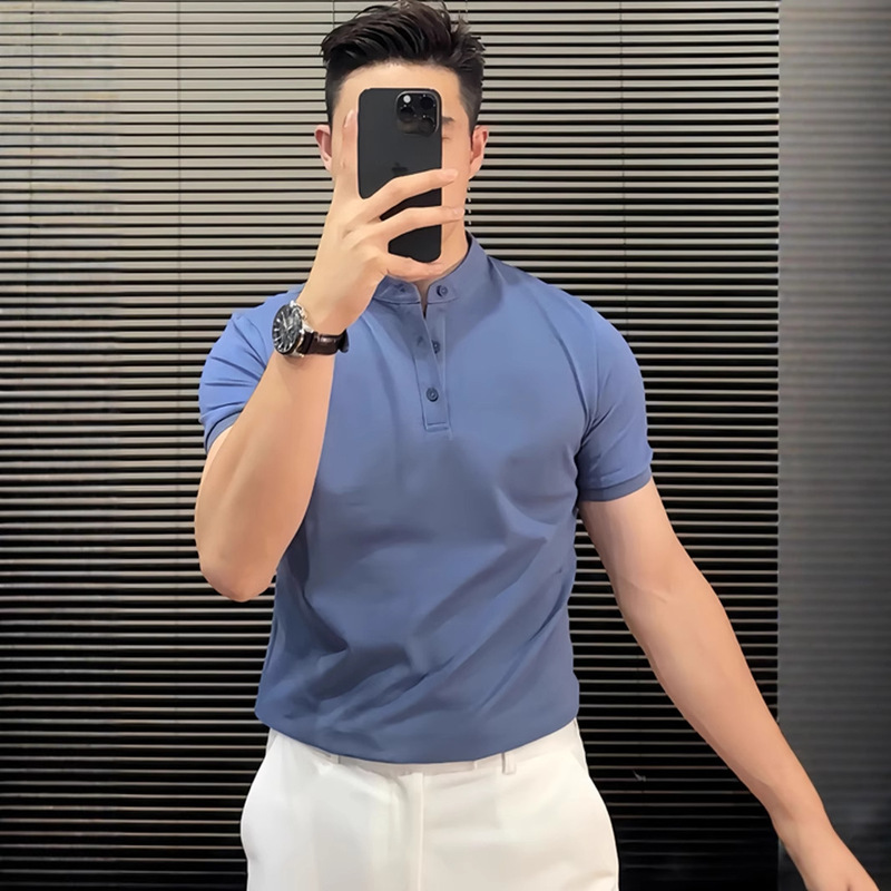 Cotton Stand-Up Collar Short-Sleeved Polo Shirt Men's Pure Color Slim Fit 2025 Summer Youth Handsome Business Henry Collar T-Shirt