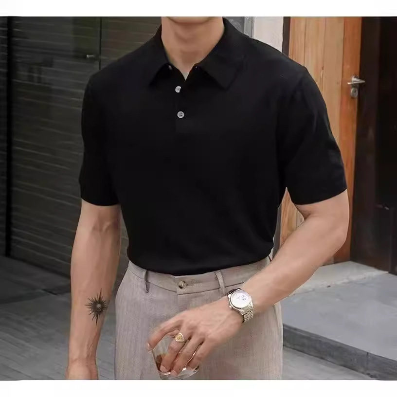 Moda casual solapa polo de color sólido suéter casual de punto de manga corta para hombres verano nuevo estilo transpirable tendencia camiseta para hombres