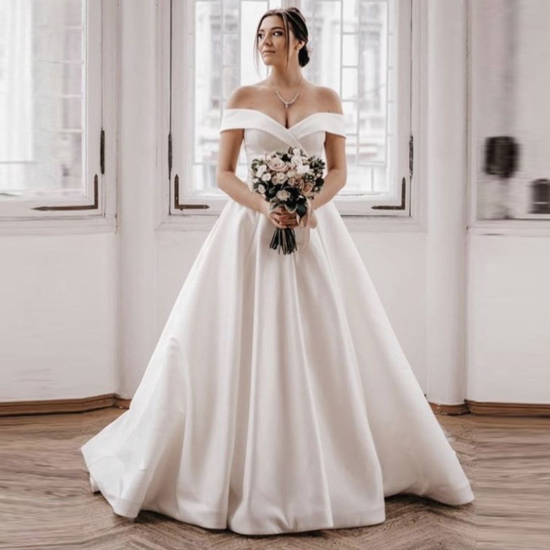 European and American Foreign Trade Amazon AliExpress wish new wedding dress off-neck a-line simple satin support customization