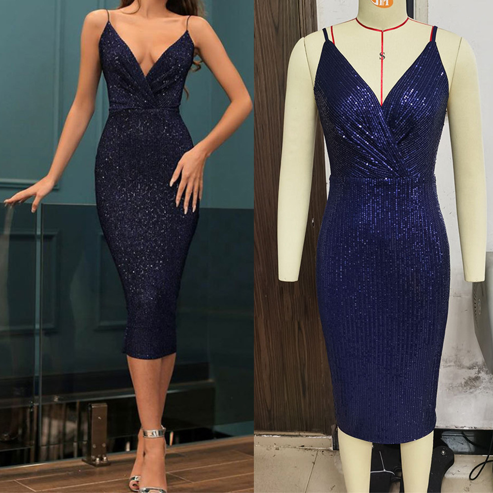 Aliexpress Amazon Sexy Slim Suspender Sequin Dress European and American Foreign Trade Cross-Border Women's Dance Evening Dress