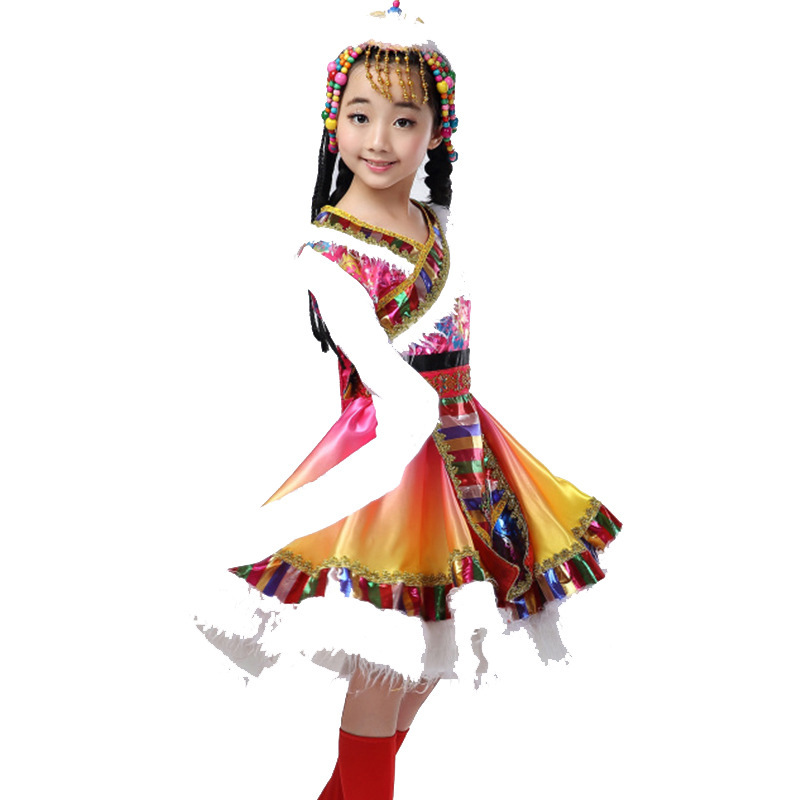 六一女童水袖藏族舞蹈演出服 少数民族大裙摆表演服现货批发