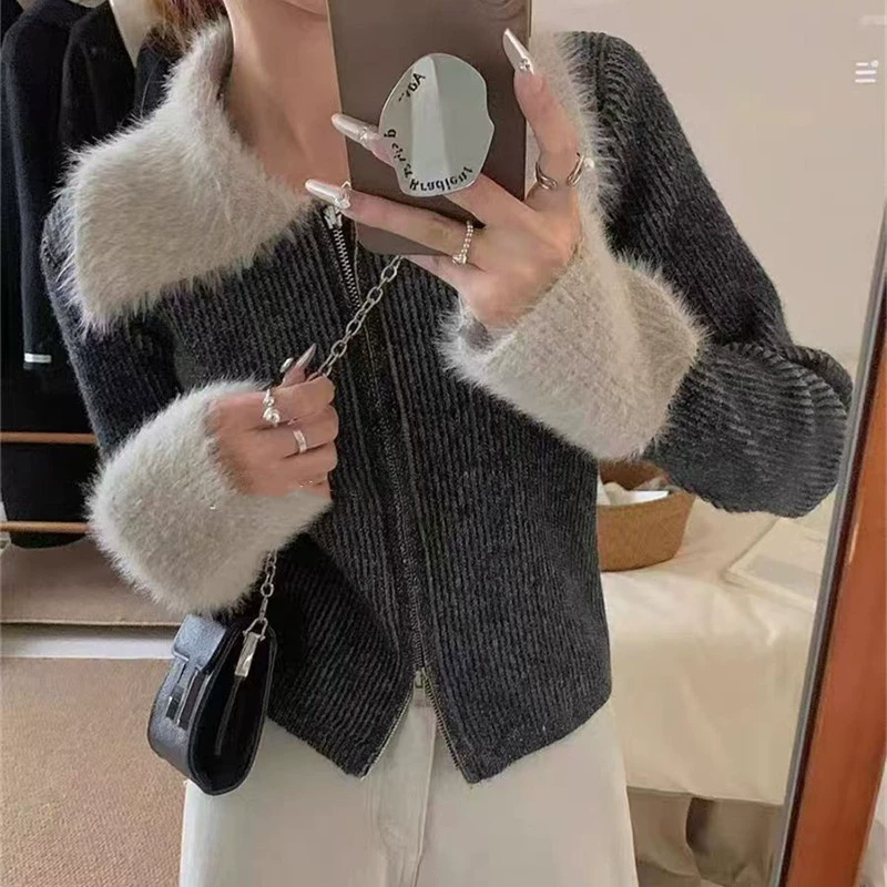 Женский вязаный кардиган KANING с меховым воротником и двойной молнией, осенняя новинка 2025 года, в стиле колор-блок, ретро-свитер, верхняя одежда