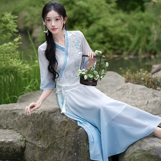 实拍新中式唐装改良款国风斜襟提花刺绣中袖上衣渐变蓝半身裙套装