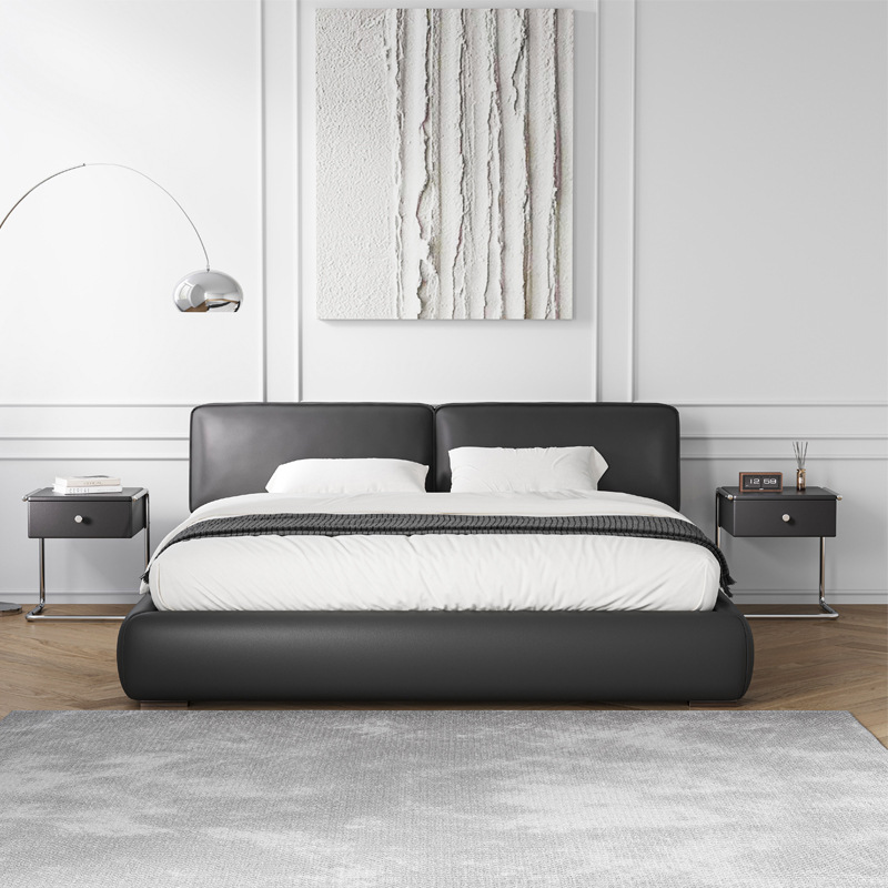 Diseñador minimalista italiano gran cama de cuero negro 1.8m simple y moderno pequeño dormitorio principal almacenamiento cama doble