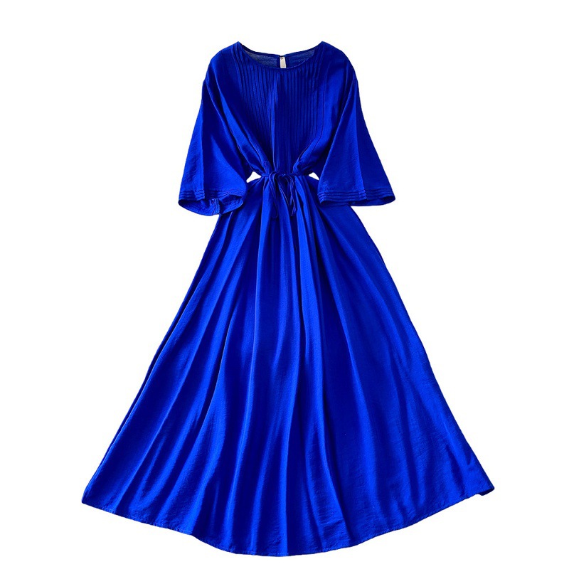 Elegant Pleated Round Neck Dress For Women Commuter Style Three Quarter Sleeve Slimming A-Line Long Skirt Casual Summer_ecoleips.com