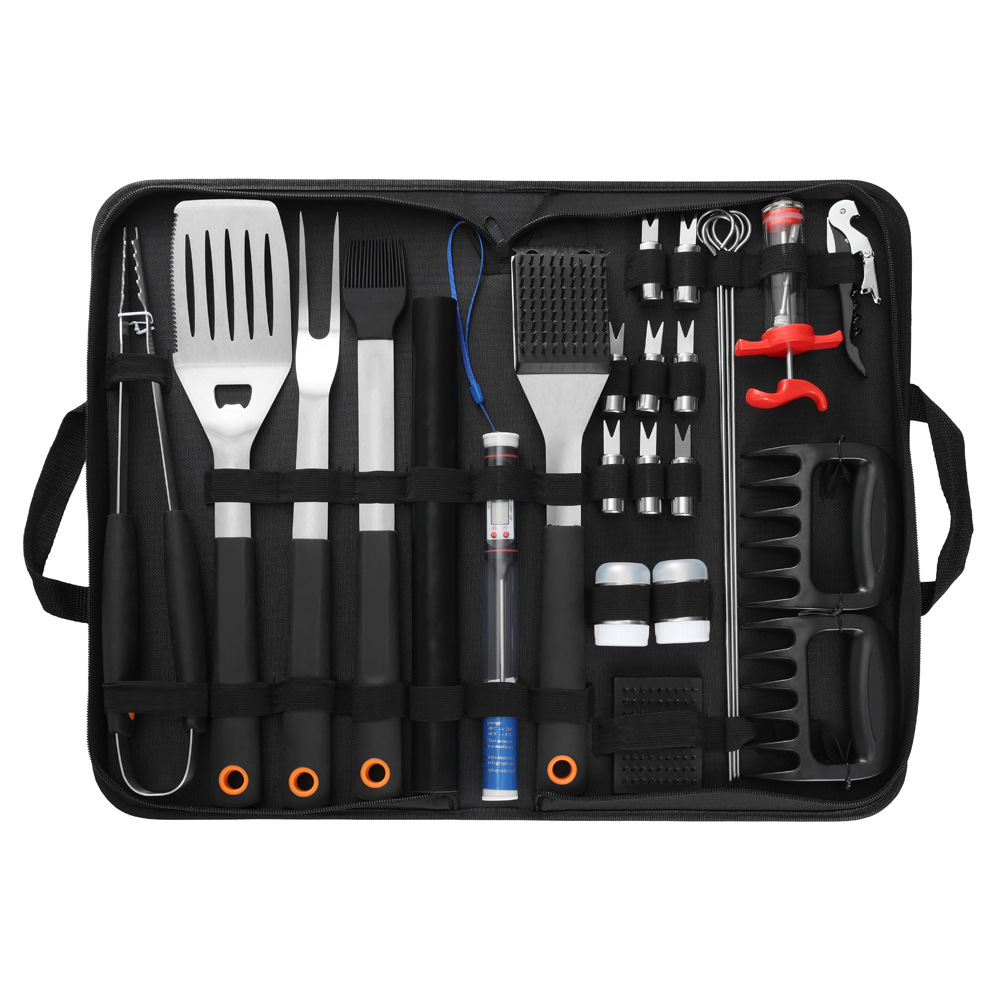 Fabricante de acero inoxidable transfronterizo en stock 26 juegos de acampamiento al aire libre conjunto completo de herramientas de parrilla de mango de plástico