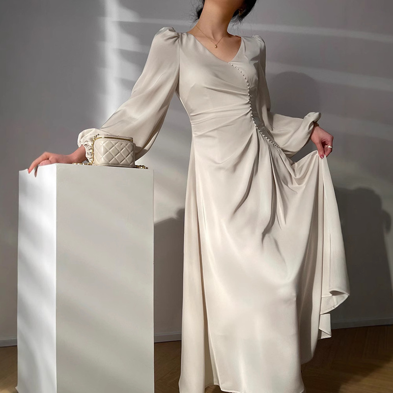 Elegant Ladylike Style Long Dress 2026 Spring and Summer New Style Waist-Slimming Glossy Satin Apricot Draped Dress