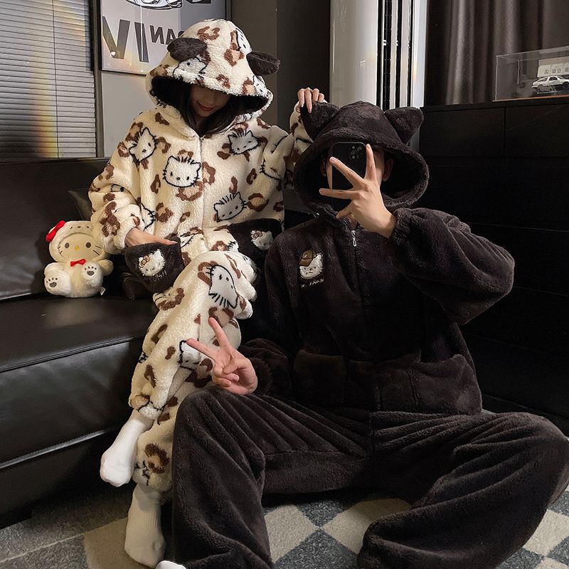 Autumn and Winter New Style Zipper Hooded Cartoon Cute Couple Style Warm Coral Velvet Can Be Worn Outside Home Clothes Two-Piece Suit