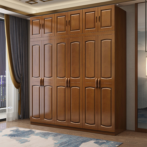 Modern Chinese solid wood wardrobe rubber wood double doors three, four, five and six doors large wardrobe bedroom furniture factory direct sales
