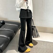 秋冬加绒韩国东大门假两件屁帘微喇叭裤女2025梨形身材显瘦休闲裤