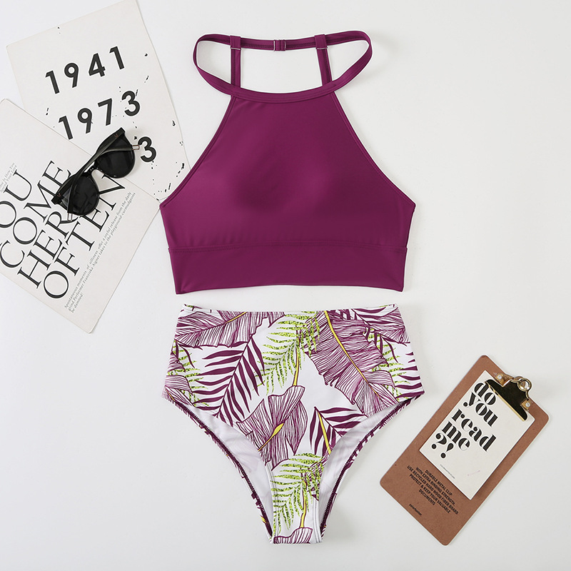 Women's Sexy High-Waisted Two-Piece Bikini Swimsuit High Neck Tie-Detail Abstract Print Polyester Nylon Regular Fit For Spring/Summer_ecoleips.com