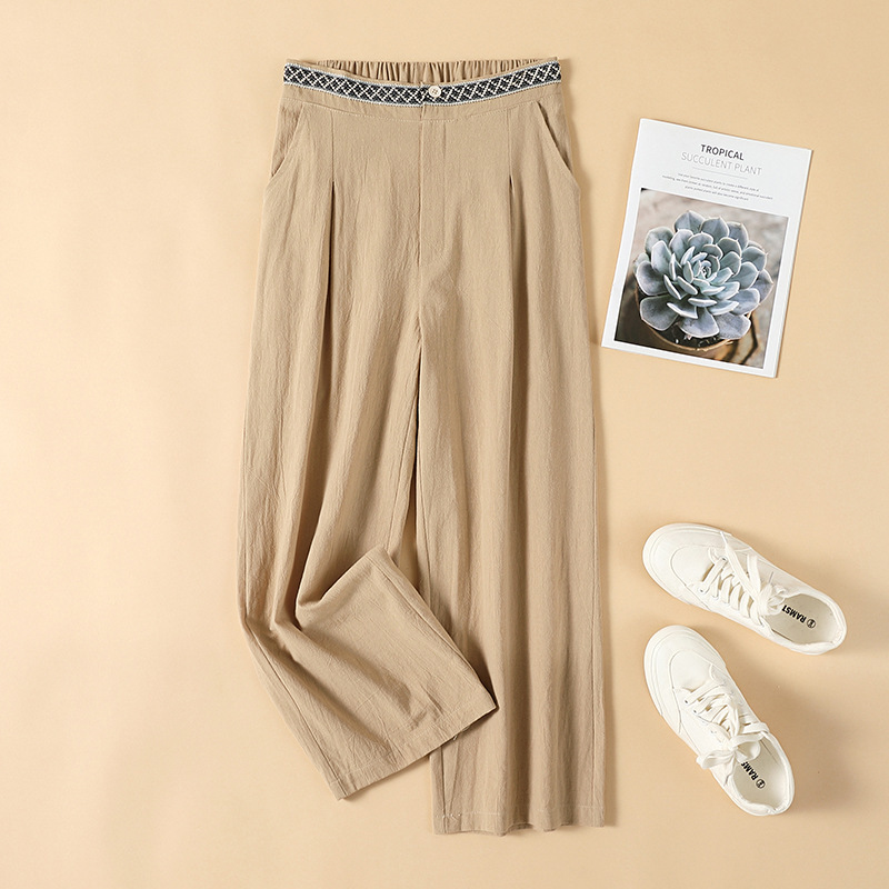 Women's Cotton and Linen Pants 2025 Plus Size Elastic Waist Slimming Harem Pants Casual Literary Seven-Point Wide-Leg Pants Versatile Casual Wear