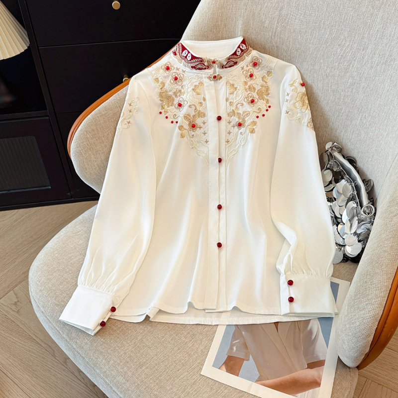 2026 Autumn New Chinese Style Retro National Style Toast Dress with Stand Collar, Buttoned Design, Intricate Embroidery, Beading, and Long Sleeves Shirt Top