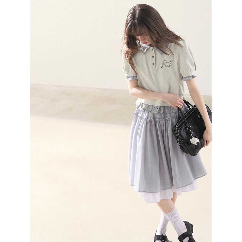 Polo Collar Gray T-Shirt, Summer College Style, Age-Reducing, Youthful-Looking Top for Commuting Polo Collar Gray T-Shirt, Summer College Style, Age-Reducing, Youthful-Looking Top for Commuting
