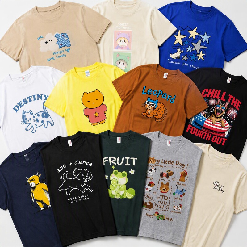 Khaki-colored, pure cotton, short-sleeved T-shirt with a loose fit, featuring a cute animal print