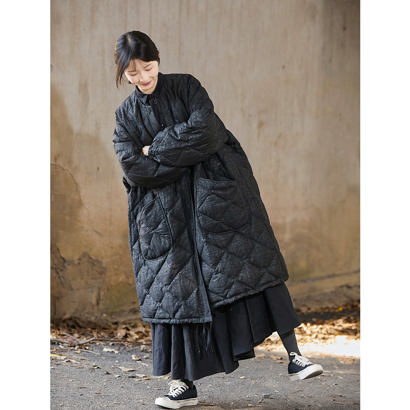 Literary Casual Cotton and Linen Women's Clothing Winter Black Silk Fragrant Cloud Yarn Round Neck Long White Duck down Jacket for Women