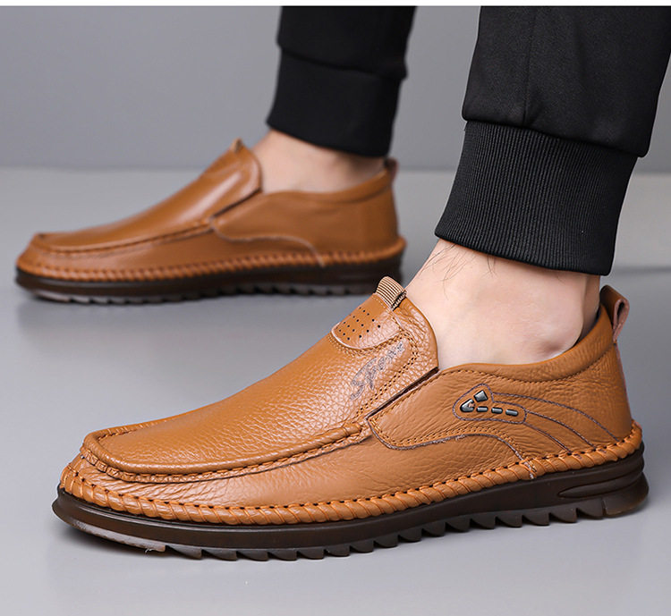 Giày lười nam da bò lớp đầu cỡ lớn, mũi tròn, đế bằng, phong cách casual — Màu nâu, Màu trắng ngà, màu đen chi tiết 22
