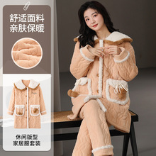 冬季牛奶绒夹棉加厚女士睡衣翻领中长款加绒保暖法兰绒家居服套装