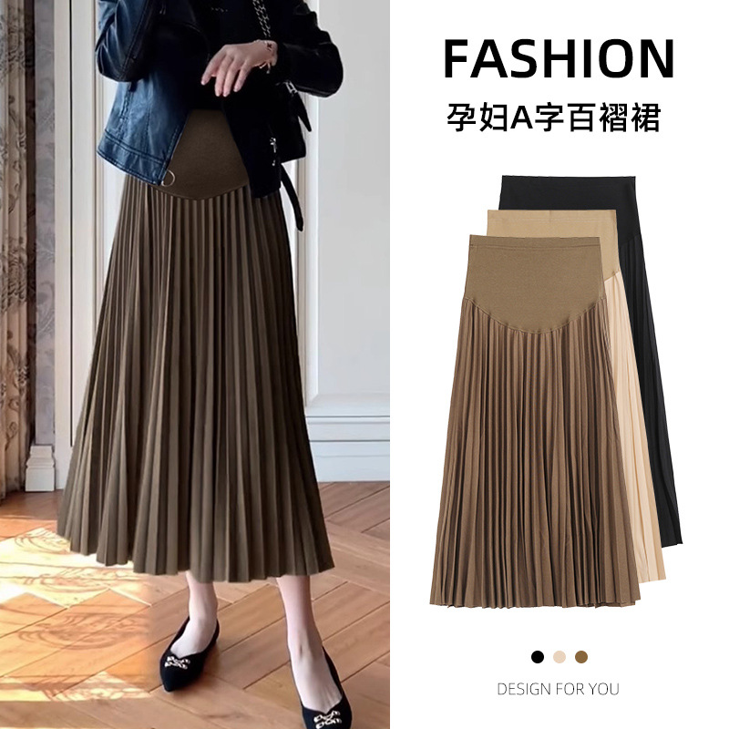 Ready Stock Maternity Skirt 2025 Autumn and Winter New Style Roman Pleated Half-Length Belly-Supporting Loose Maternity Long Skirt