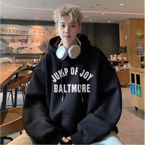 Men's Loose Fit V-Neck Hooded Sweatshirt with Ins Letter Print, Fashionable Streetwear Outerwear for Spring and Autumn, 2024 New Arrival