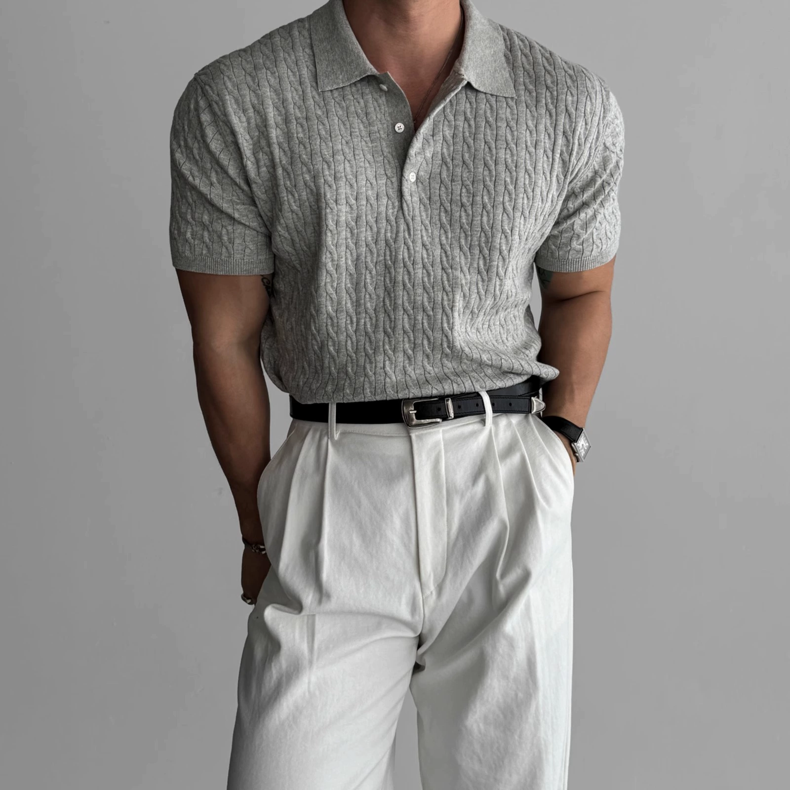 Мужская летняя футболка-поло из трикотажа, короткий рукав, американский стиль, облегающая, эластичная, с отложным воротником, в ретро стиле