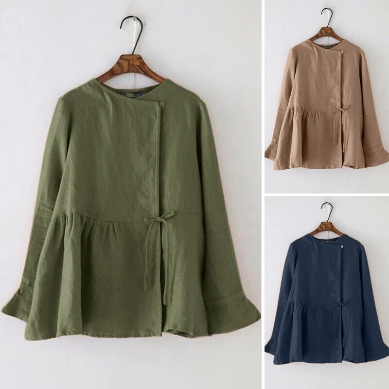 Women's Cotton Belted Long Sleeve Round Neck Lace-up Front Cardigan Shirt Casual Retro Solid Color Shirt 2025 Spring