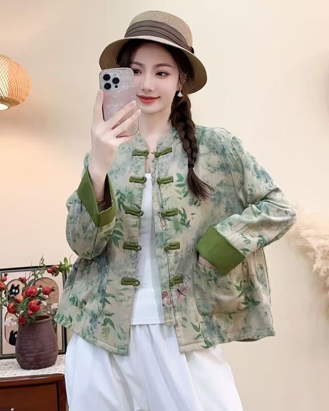 古咖服饰秋季新款文艺盘扣衬衫长袖拼接短外套女复古气质印花上衣|undefined