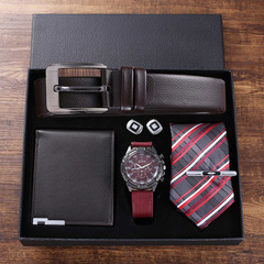 Men's watch gift set business fashion double display fake three-eye quartz watch case belt wallet cuff tie