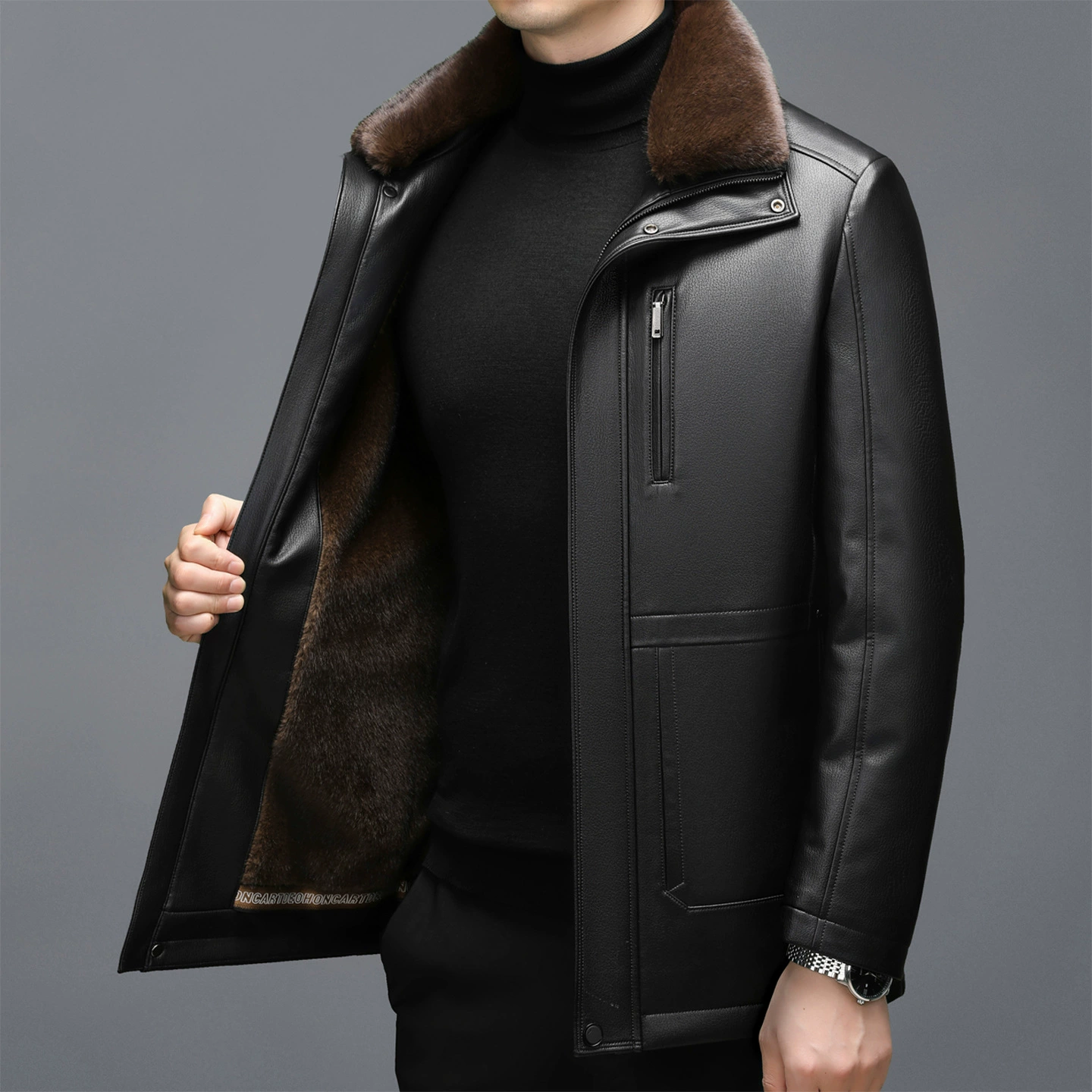Long Leather Jacket, Mid-Length Genuine Leather, For Middle-Aged Men, Thick Lined