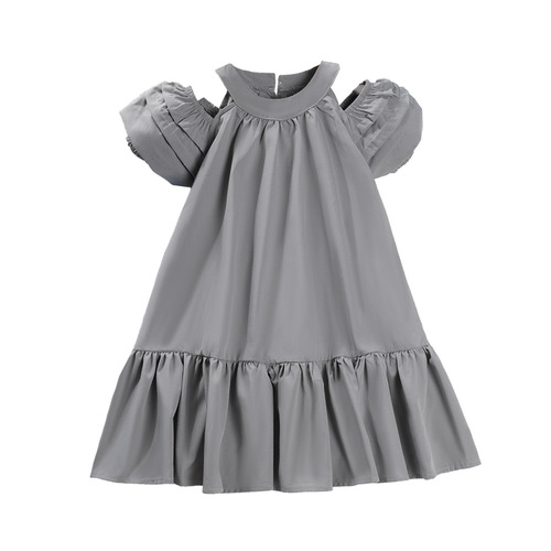 Girls Dress Summer Puff Sleeve Ruffled Mid-Length Style Bohemian Off-the-Shoulder Dress Skirt Korean Style
