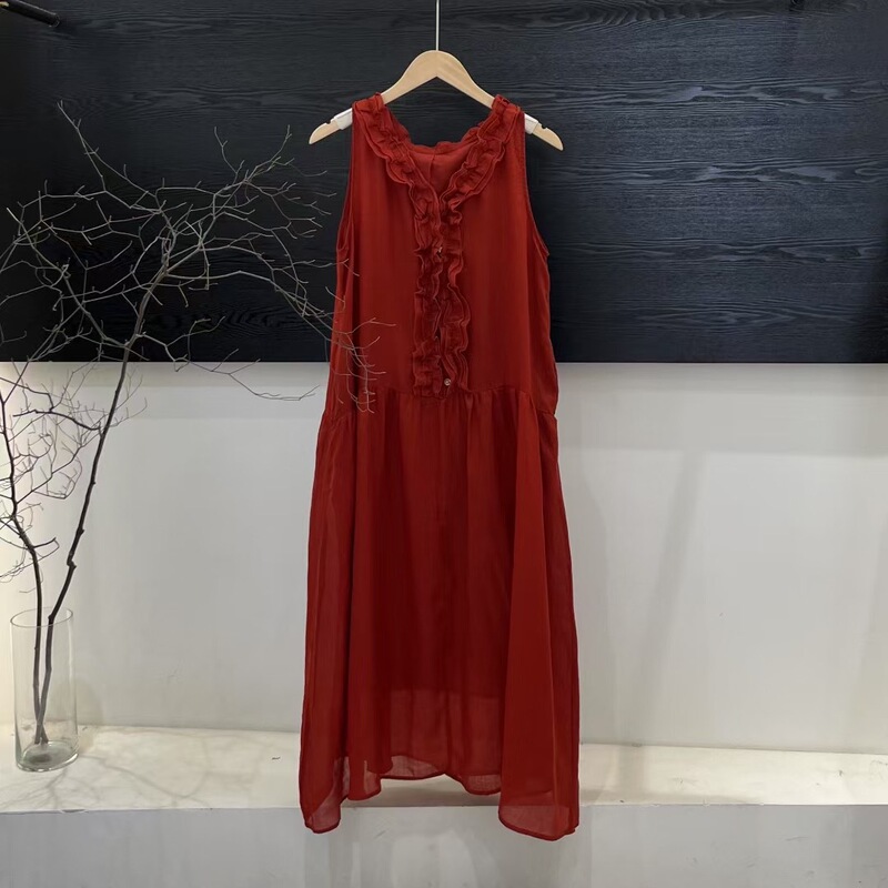 26Th Summer New Solid Color Ramie Dress with V-Neck Lace, Age-Reducing Sleeveless Tank Dress, Artistic Fairy Long Dress
