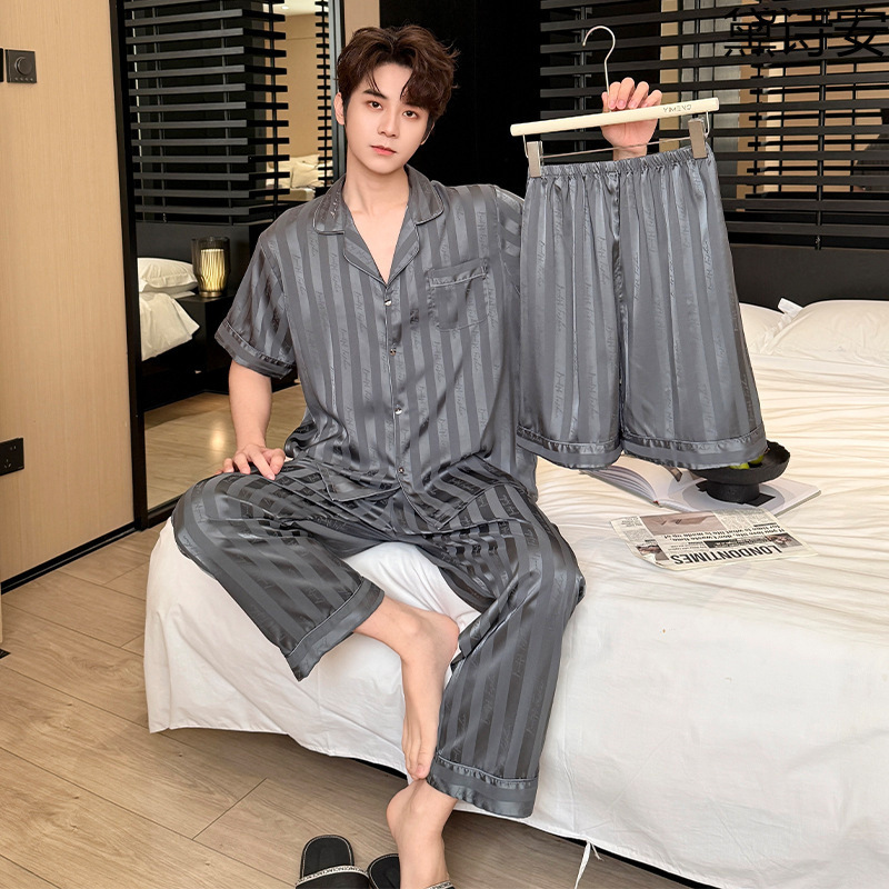 Daisian men's ice silk pajamas, high-end spring and autumn long-sleeve summer striped letter print casual silk home wear