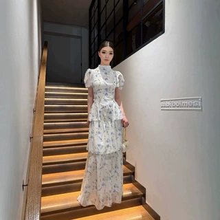 2026年欧美亚马逊女装新款碎花立领泡泡袖收腰荷叶边层次感蛋糕裙
