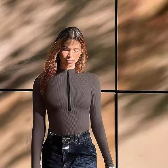 Ribbed Long Sleeve Bodysuit With Front Zipper - Stretchy Soft Fabric For Women, Seamless Layering Top, Comfortable Casual And Night Out Jumpsuit_ecoleips.com