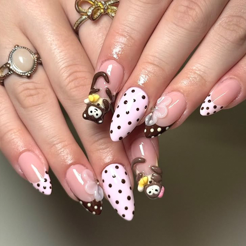 Wearable Almond-Shaped Light Pink Coffee-Colored Polka Dot French 3D Cartoon Monkey Flower Detachable False Nails Wearable Almond-Shaped Light Pink Coffee-Colored Polka Dot French 3D Cartoon Monkey Flower Detachable False Nails