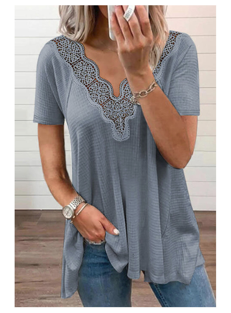 short-sleeved solid color lace stitching v-neck pullover t-shirt NSSI129527