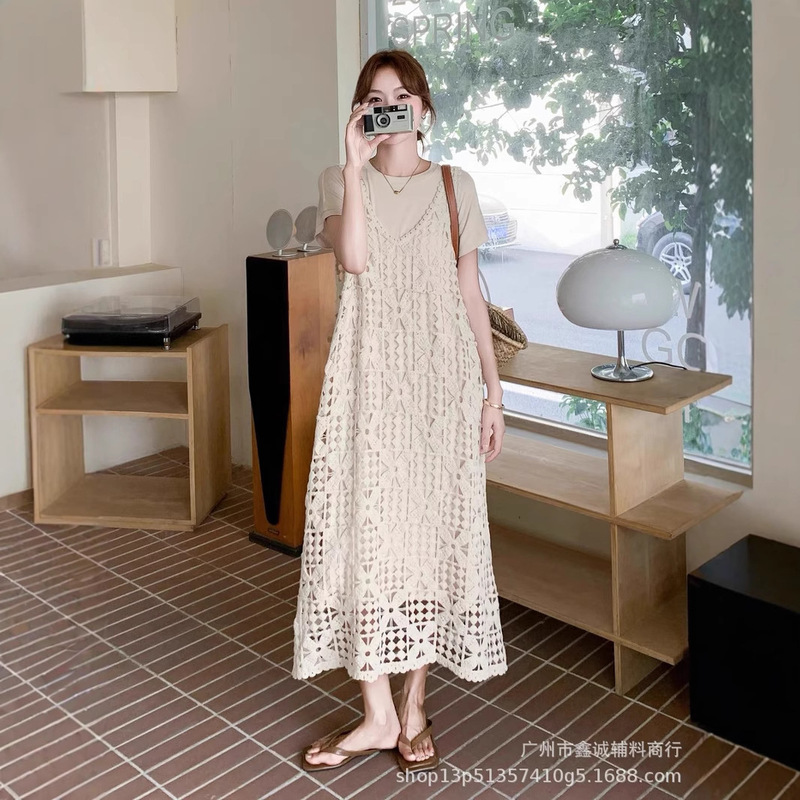 Bohemian Retro Crochet Hollow Jacquard Knitted Dress Women's New Summer Loose Layered Blouse